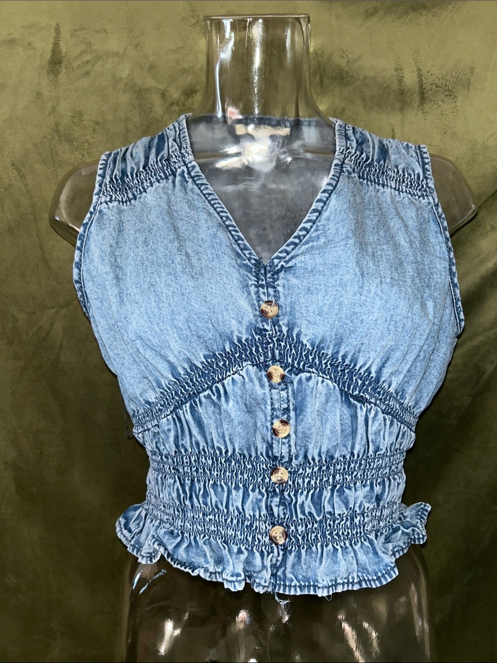 Sleeveless Light Blue Denim Smocked Button-Front Crop Top